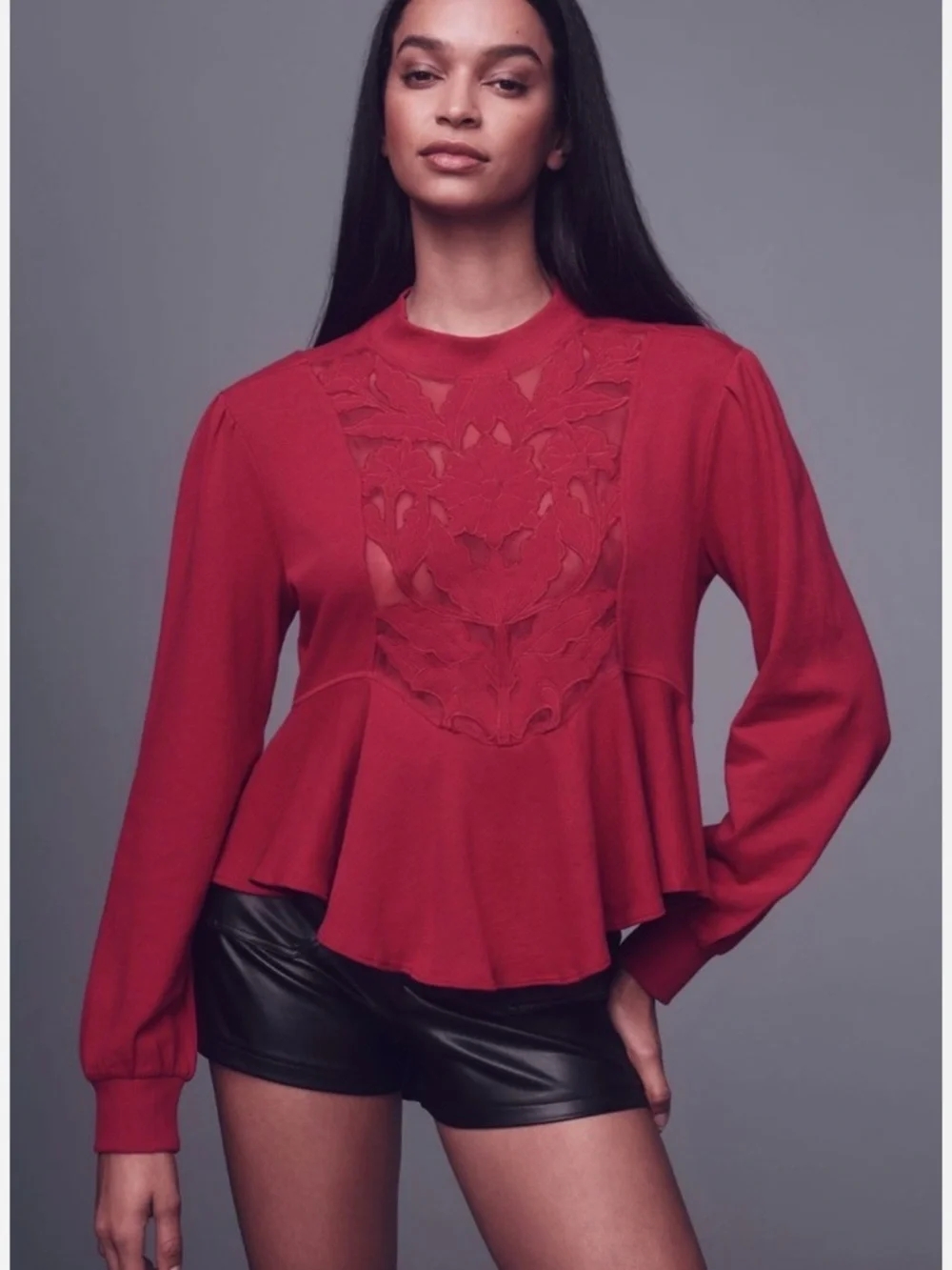 Anthropologie Cutwork Swing Top Pink Embroidered Floral Sweatshirt Sz S Boho